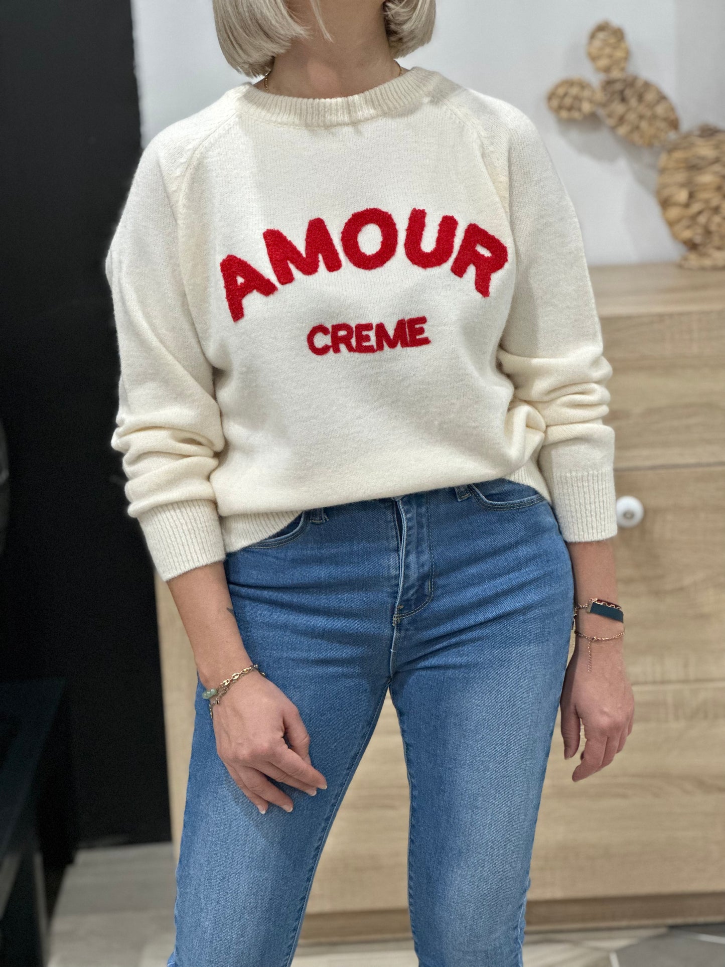 Pull amour crème rouge