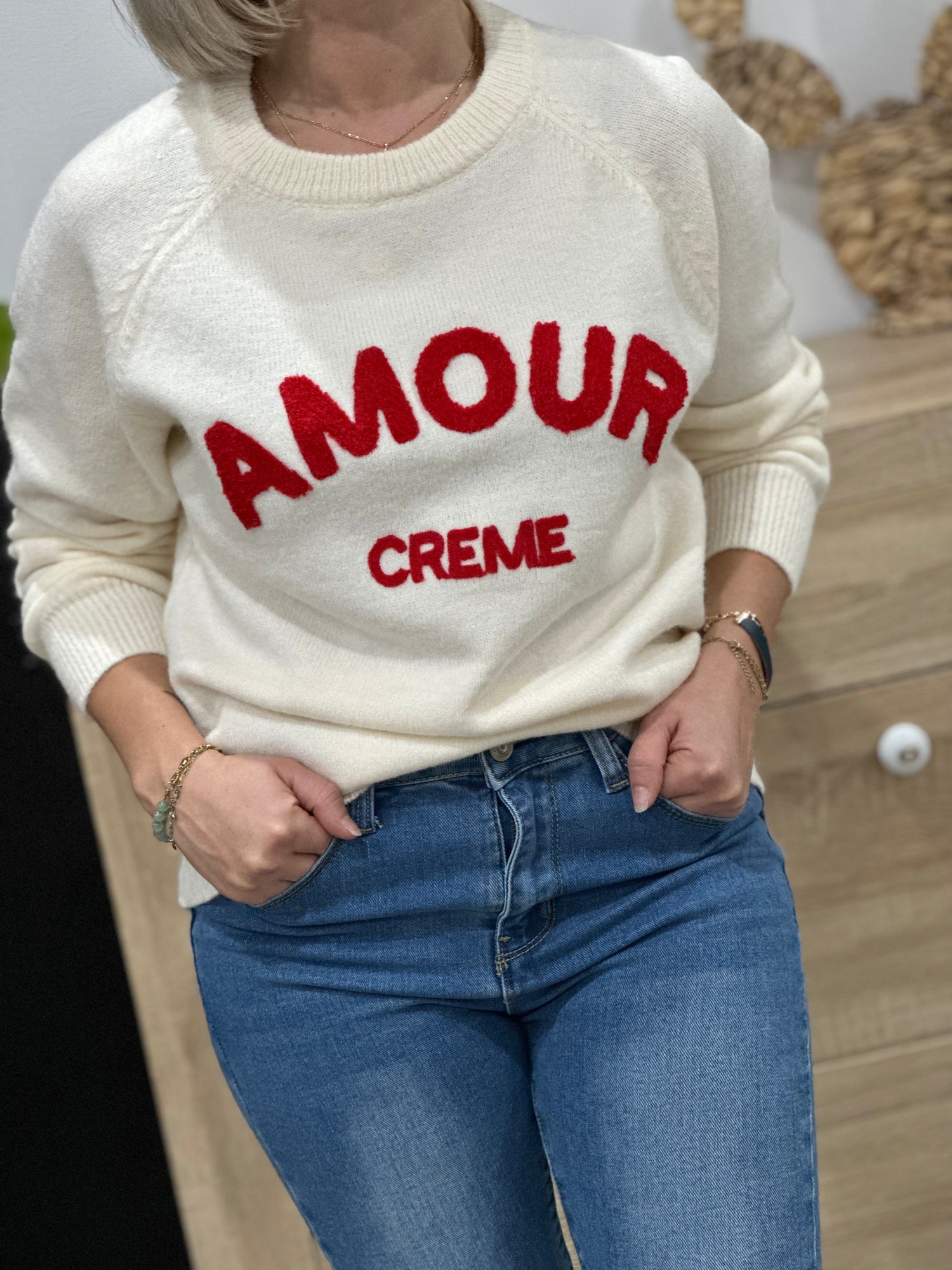 Pull amour crème rouge